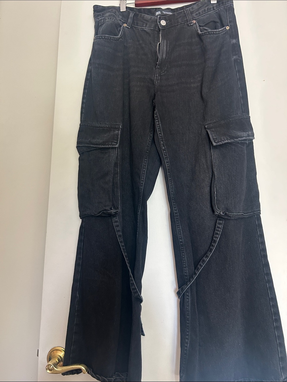 Black womens Cargo Jeans with Strap Details